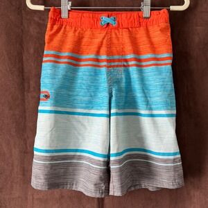 Wonder Nation Boys Striped Board Shorts Orange Blue Grey Size L 10-12 swim wear